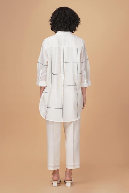 Shop Arcvsh By Pallavi Singh Ivory Silk, Chanderi Embroidery Collared Cross Stritch Shirt And Pant Set at Aza Fashions Shop_Arcvsh By Pallavi Singh_Ivory Silk, Chanderi Embroidery Collared Cross Stritch Shirt And Pant Set _at_Aza_Fashions