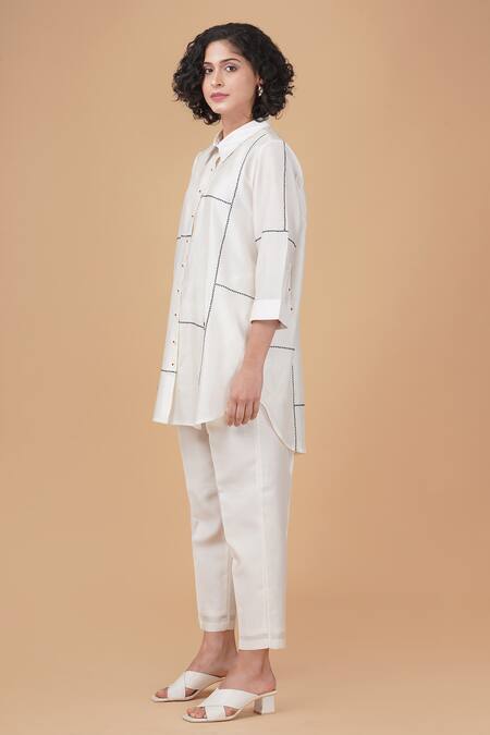 Shop Arcvsh By Pallavi Singh Ivory Silk, Chanderi Embroidery Collared Cross Stritch Shirt And Pant Set Online at Aza Fashions Shop_Arcvsh By Pallavi Singh_Ivory Silk, Chanderi Embroidery Collared Cross Stritch Shirt And Pant Set _Online_at_Aza_Fashions