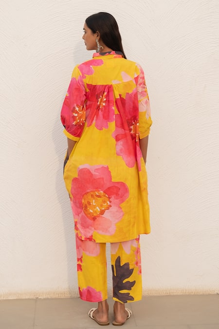 Shop Silai Studio Yellow Poplin, Cotton Collared Tropical Print Kurta And Pant Set at Aza Fashions Shop_Silai Studio_Yellow Poplin, Cotton Collared Tropical Print Kurta And Pant Set _at_Aza_Fashions