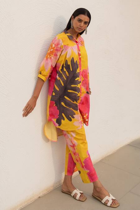 Shop Silai Studio Yellow Poplin, Cotton Collared Tropical Print Kurta And Pant Set Online at Aza Fashions Shop_Silai Studio_Yellow Poplin, Cotton Collared Tropical Print Kurta And Pant Set _Online_at_Aza_Fashions
