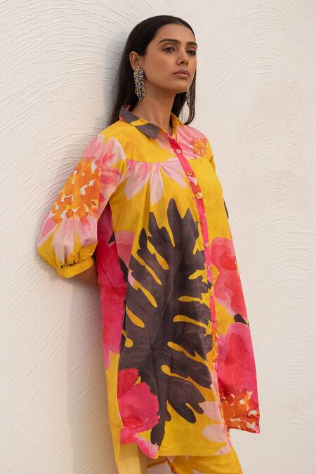 Silai Studio Yellow Poplin, Cotton Collared Tropical Print Kurta And Pant Set at Aza Fashions Silai Studio_Yellow Poplin, Cotton Collared Tropical Print Kurta And Pant Set _at_Aza_Fashions