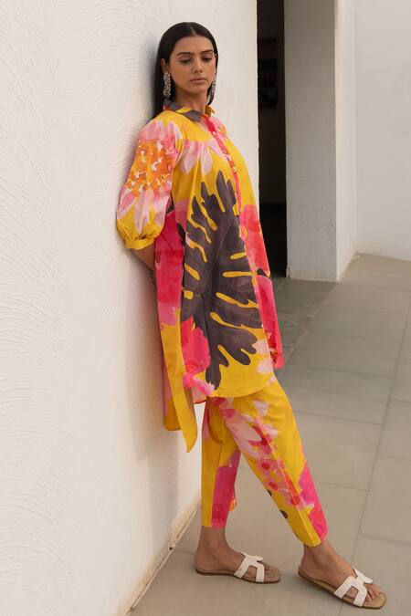 Buy Silai Studio Yellow Poplin, Cotton Collared Tropical Print Kurta And Pant Set Buy_Silai Studio_Yellow Poplin, Cotton Collared Tropical Print Kurta And Pant Set