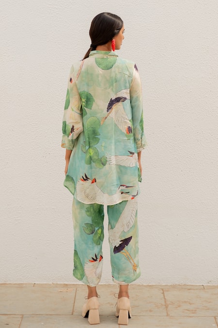 Shop Silai Studio Green Silk, Voile Collared Bird Print Shirt And Pant Set at Aza Fashions Shop_Silai Studio_Green Silk, Voile Collared Bird Print Shirt And Pant Set _at_Aza_Fashions