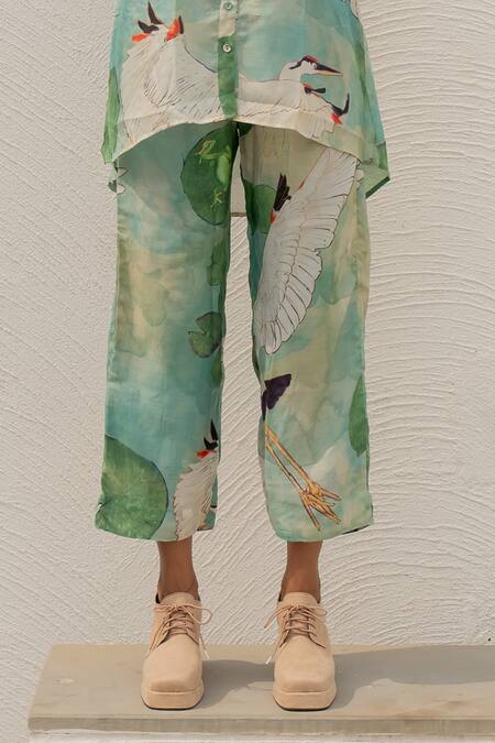 Shop Silai Studio Green Silk, Voile Collared Bird Print Shirt And Pant Set Online at Aza Fashions Shop_Silai Studio_Green Silk, Voile Collared Bird Print Shirt And Pant Set _Online_at_Aza_Fashions