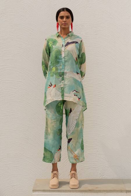 Silai Studio Green Silk, Voile Collared Bird Print Shirt And Pant Set at Aza Fashions Silai Studio_Green Silk, Voile Collared Bird Print Shirt And Pant Set _at_Aza_Fashions