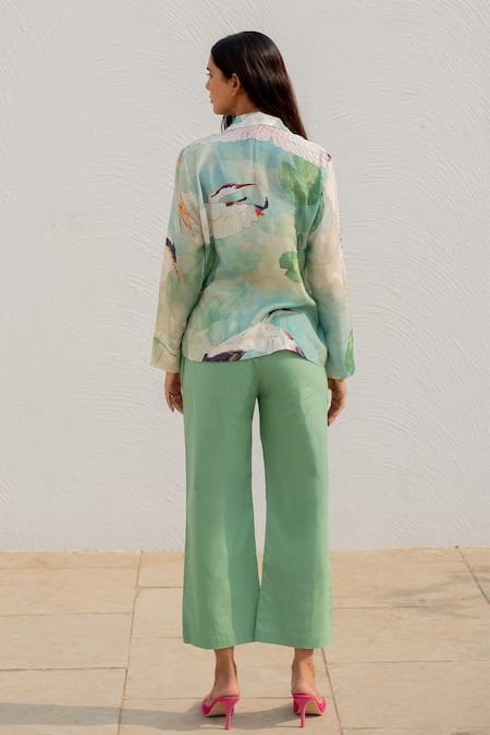 Shop Silai Studio Green Silk, Voile Sweetheart Neck, Collared Bird Print Jacket Pant Set at Aza Fashions Shop_Silai Studio_Green Silk, Voile Sweetheart Neck, Collared Bird Print Jacket Pant Set _at_Aza_Fashions