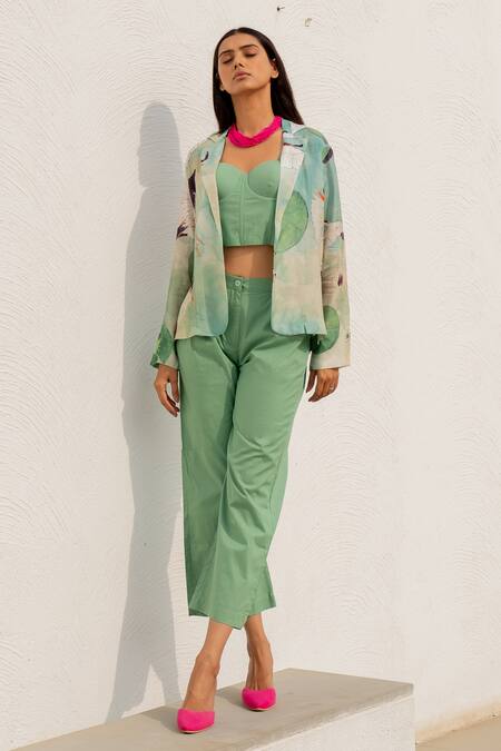 Silai Studio Green Silk, Voile Sweetheart Neck, Collared Bird Print Jacket Pant Set Online at Aza Fashions Silai Studio_Green Silk, Voile Sweetheart Neck, Collared Bird Print Jacket Pant Set _Online_at_Aza_Fashions