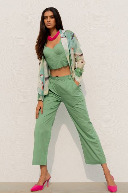 Buy Silai Studio Green Silk, Voile Sweetheart Neck, Collared Bird Print Jacket Pant Set Online at Aza Fashions Buy_Silai Studio_Green Silk, Voile Sweetheart Neck, Collared Bird Print Jacket Pant Set _Online_at_Aza_Fashions