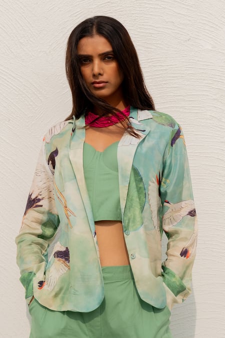 Shop Silai Studio Green Silk, Voile Sweetheart Neck, Collared Bird Print Jacket Pant Set Online at Aza Fashions Shop_Silai Studio_Green Silk, Voile Sweetheart Neck, Collared Bird Print Jacket Pant Set _Online_at_Aza_Fashions