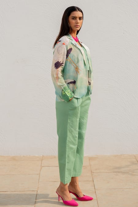 Silai Studio Green Silk, Voile Sweetheart Neck, Collared Bird Print Jacket Pant Set at Aza Fashions Silai Studio_Green Silk, Voile Sweetheart Neck, Collared Bird Print Jacket Pant Set _at_Aza_Fashions