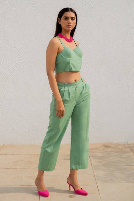 Buy Silai Studio Green Silk, Voile Sweetheart Neck, Collared Bird Print Jacket Pant Set Buy_Silai Studio_Green Silk, Voile Sweetheart Neck, Collared Bird Print Jacket Pant Set