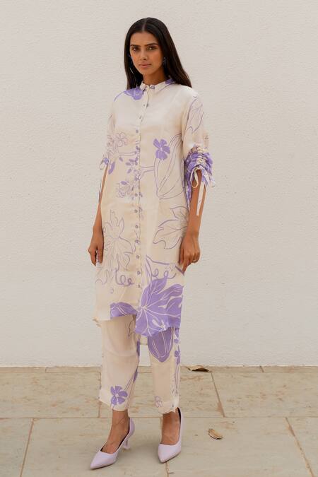 Buy_Silai Studio_Off White Silk, Voile Embroidery Collared Printed Kurta And Pant Set_Online_at_Aza_Fashions