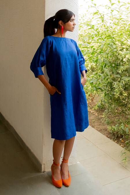 Silai Studio Blue Linen Boat Neck Dress at Aza Fashions Silai Studio_Blue Linen Boat Neck Dress _at_Aza_Fashions