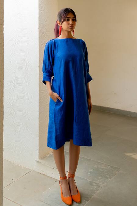 Buy Silai Studio Blue Linen Boat Neck Dress Buy_Silai Studio_Blue Linen Boat Neck Dress