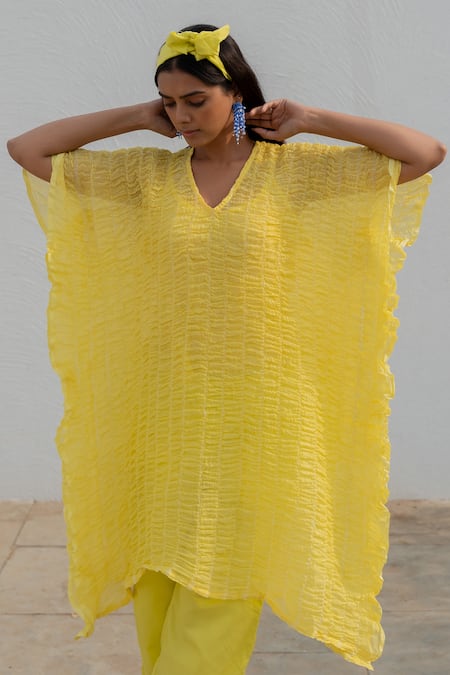 Shop_Silai Studio_Yellow Chanderi V-neck Textured Kaftan _Online_at_Aza_Fashions