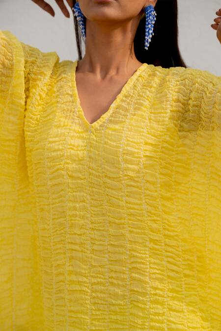 Silai Studio_Yellow Chanderi V-neck Textured Kaftan _at_Aza_Fashions