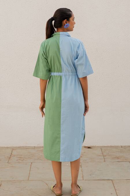 Shop_Silai Studio_Green Poplin Collared Colorblock Dress _at_Aza_Fashions