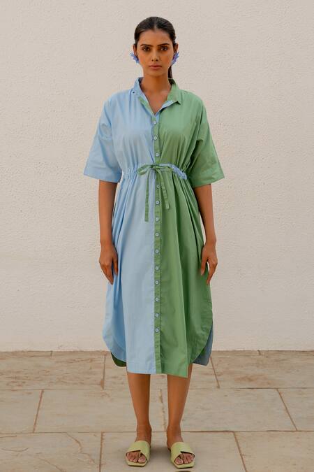 Silai Studio_Green Poplin Collared Colorblock Dress _Online_at_Aza_Fashions