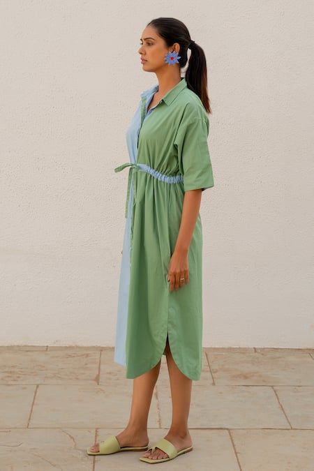 Buy_Silai Studio_Green Poplin Collared Colorblock Dress _Online_at_Aza_Fashions