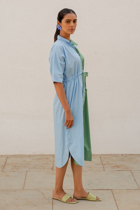Shop_Silai Studio_Green Poplin Collared Colorblock Dress _Online_at_Aza_Fashions