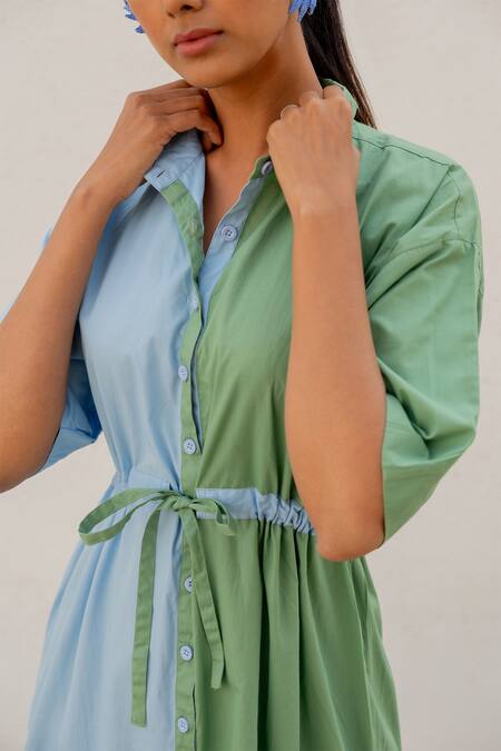 Silai Studio_Green Poplin Collared Colorblock Dress _at_Aza_Fashions