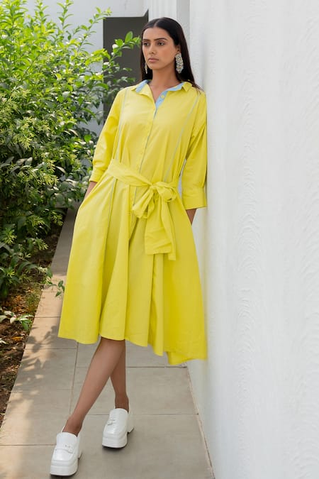 Silai Studio Yellow Poplin Plain Collar Buttondown Flared Shirt Dress  