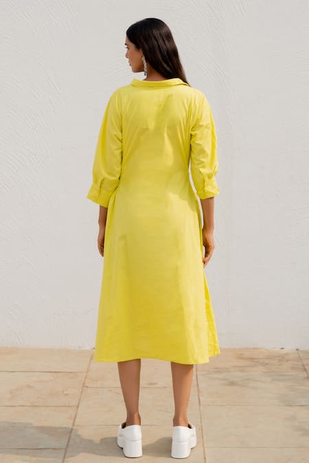 Shop_Silai Studio_Yellow Poplin Collared Buttondown Shirt Dress _at_Aza_Fashions