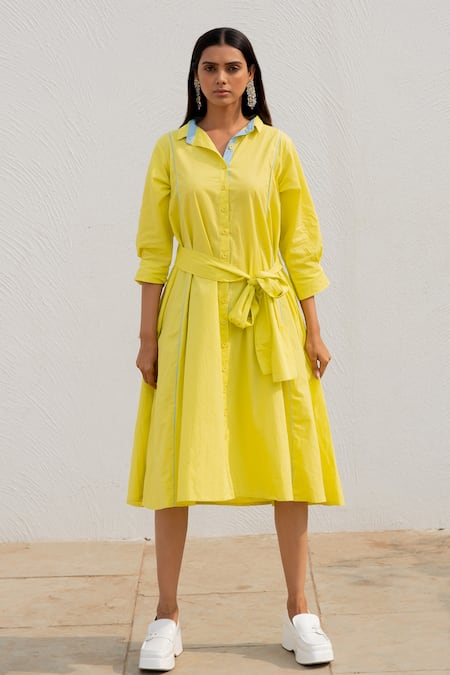 Buy_Silai Studio_Yellow Poplin Collared Buttondown Shirt Dress _Online_at_Aza_Fashions