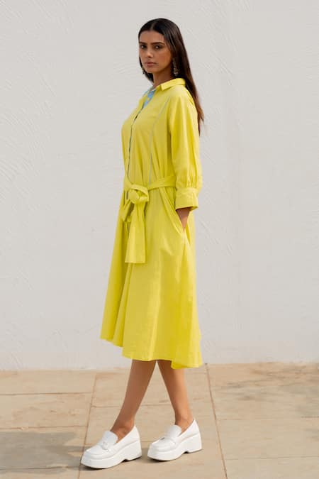 Shop_Silai Studio_Yellow Poplin Collared Buttondown Shirt Dress _Online_at_Aza_Fashions