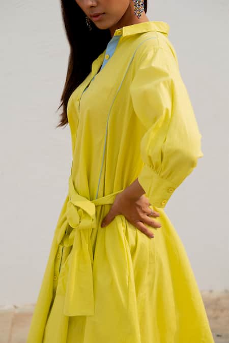 Silai Studio_Yellow Poplin Collared Buttondown Shirt Dress _at_Aza_Fashions