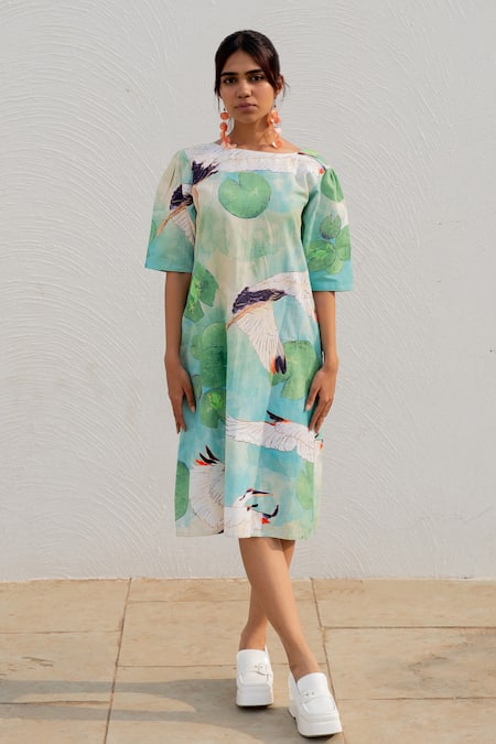 Silai Studio Cotton Bird Print Shift Dress 