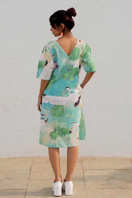 Shop_Silai Studio_Green Cotton Printed Bird Boat Neck Shift Dress_at_Aza_Fashions