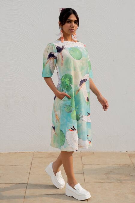 Silai Studio_Green Cotton Printed Bird Boat Neck Shift Dress_Online_at_Aza_Fashions