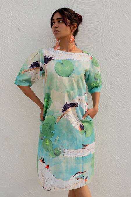 Buy_Silai Studio_Green Cotton Printed Bird Boat Neck Shift Dress_Online_at_Aza_Fashions