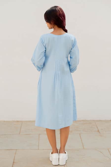 Shop Silai Studio Blue Poplin Embroidery Round Neck Frogs In A Pond Dress at Aza Fashions Shop_Silai Studio_Blue Poplin Embroidery Round Neck Frogs In A Pond Dress _at_Aza_Fashions