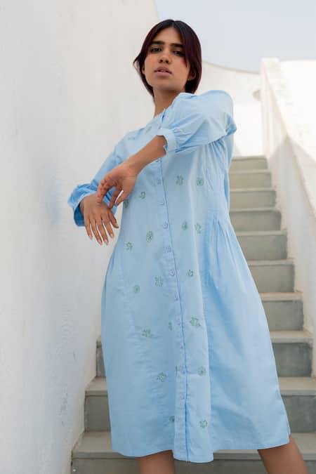 Silai Studio Blue Poplin Embroidery Round Neck Frogs In A Pond Dress Online at Aza Fashions Silai Studio_Blue Poplin Embroidery Round Neck Frogs In A Pond Dress _Online_at_Aza_Fashions