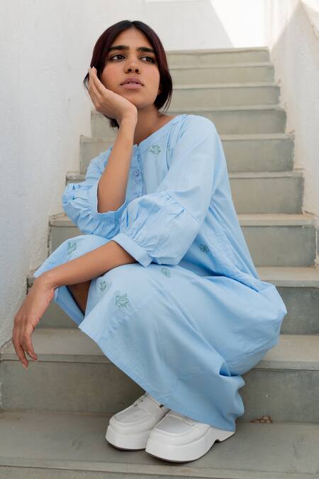 Buy Silai Studio Blue Poplin Embroidery Round Neck Frogs In A Pond Dress Online at Aza Fashions Buy_Silai Studio_Blue Poplin Embroidery Round Neck Frogs In A Pond Dress _Online_at_Aza_Fashions