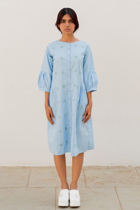 Shop Silai Studio Blue Poplin Embroidery Round Neck Frogs In A Pond Dress Online at Aza Fashions Shop_Silai Studio_Blue Poplin Embroidery Round Neck Frogs In A Pond Dress _Online_at_Aza_Fashions