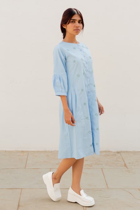 Silai Studio Blue Poplin Embroidery Round Neck Frogs In A Pond Dress at Aza Fashions Silai Studio_Blue Poplin Embroidery Round Neck Frogs In A Pond Dress _at_Aza_Fashions