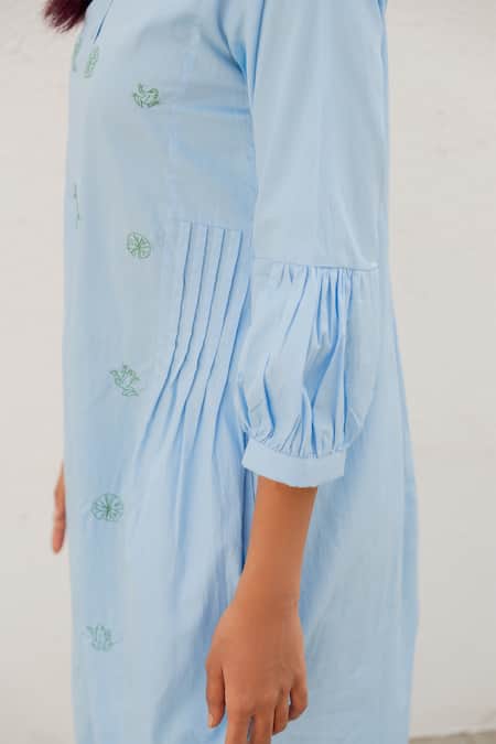 Buy Silai Studio Blue Poplin Embroidery Round Neck Frogs In A Pond Dress Buy_Silai Studio_Blue Poplin Embroidery Round Neck Frogs In A Pond Dress
