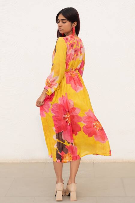 Shop_Silai Studio_Yellow Silk, Voile Embroidery V-neck Floral Print Wrap Dress _at_Aza_Fashions