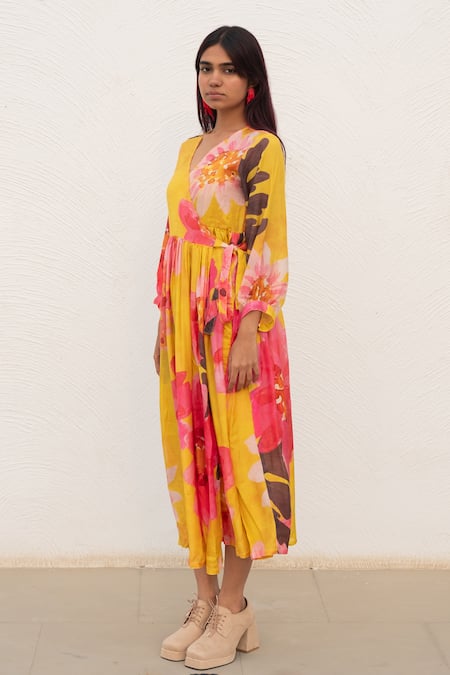 Silai Studio_Yellow Silk, Voile Embroidery V-neck Floral Print Wrap Dress _Online_at_Aza_Fashions