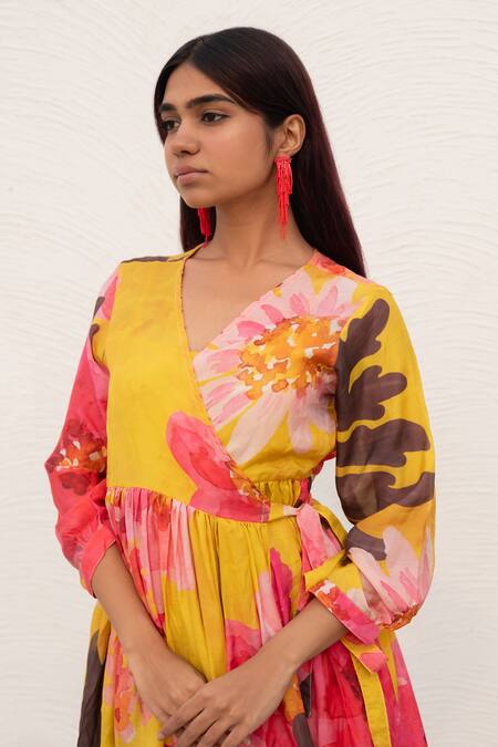 Buy_Silai Studio_Yellow Silk, Voile Embroidery V-neck Floral Print Wrap Dress _Online_at_Aza_Fashions
