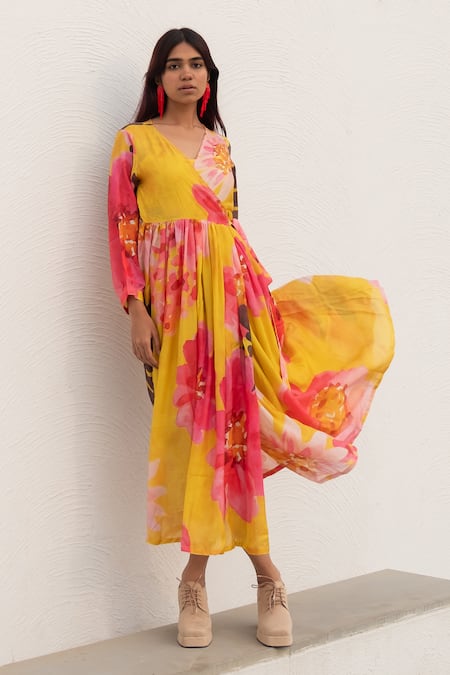 Shop_Silai Studio_Yellow Silk, Voile Embroidery V-neck Floral Print Wrap Dress _Online_at_Aza_Fashions