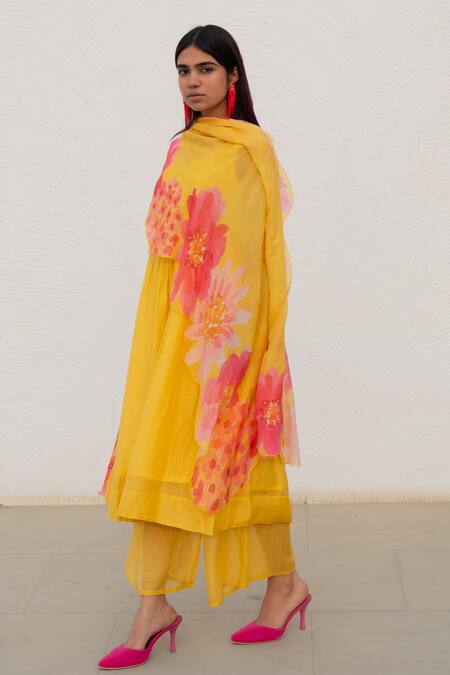 Silai Studio Yellow Chanderi Embroidery Round Neck Anarkali Set With Printed Dupatta Online at Aza Fashions Silai Studio_Yellow Chanderi Embroidery Round Neck Anarkali Set With Printed Dupatta_Online_at_Aza_Fashions