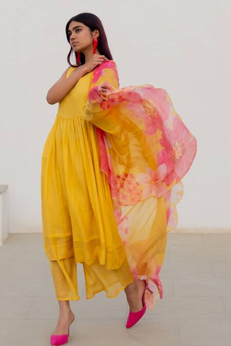 Buy Silai Studio Yellow Chanderi Embroidery Round Neck Anarkali Set With Printed Dupatta Online at Aza Fashions Buy_Silai Studio_Yellow Chanderi Embroidery Round Neck Anarkali Set With Printed Dupatta_Online_at_Aza_Fashions