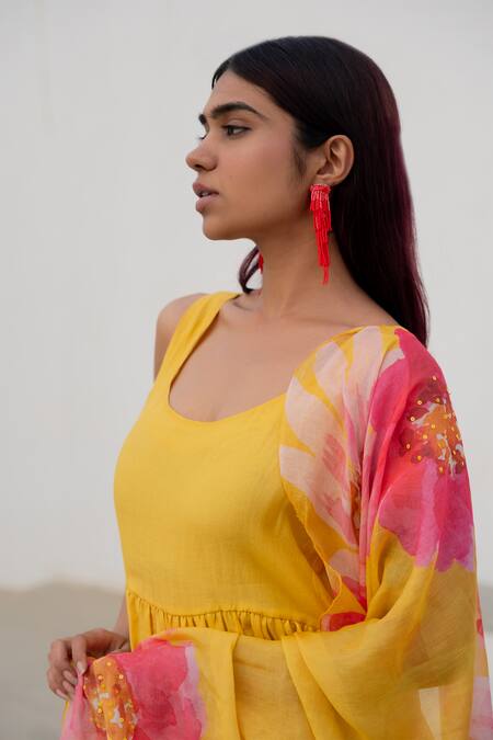 Shop Silai Studio Yellow Chanderi Embroidery Round Neck Anarkali Set With Printed Dupatta Online at Aza Fashions Shop_Silai Studio_Yellow Chanderi Embroidery Round Neck Anarkali Set With Printed Dupatta_Online_at_Aza_Fashions