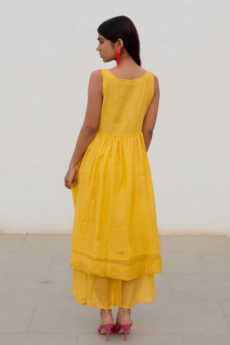 Shop Silai Studio Yellow Chanderi Round Neck Plain Anarkali With Pant at Aza Fashions Shop_Silai Studio_Yellow Chanderi Round Neck Plain Anarkali With Pant_at_Aza_Fashions