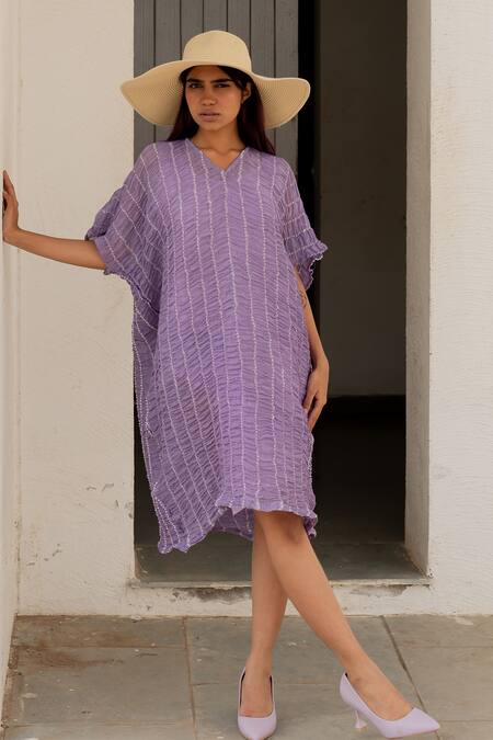Silai Studio_Purple Chanderi V-neck Tie-dye Dress _Online_at_Aza_Fashions
