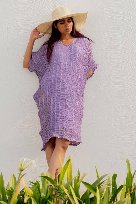 Buy_Silai Studio_Purple Chanderi V-neck Tie-dye Dress _Online_at_Aza_Fashions